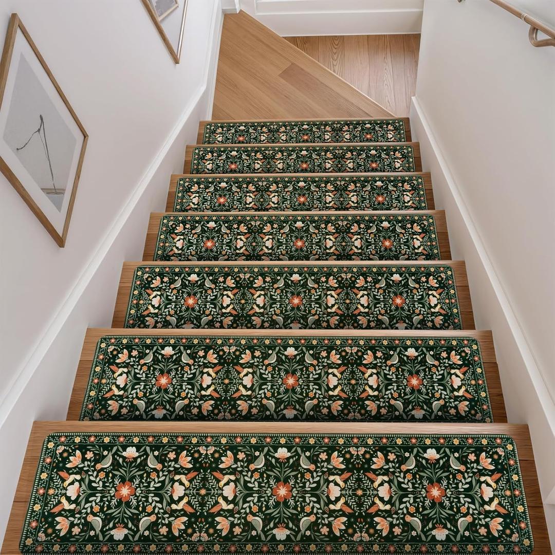 OJIA Floral Stair Treads Non-Slip Stair Runner for Wooden Steps Indoor 15PCS 30"x8" Carpet Stair Treads Stair Mats Staircase Step Treads for Kids, Elders and Dogs, Stair Covers, Black
