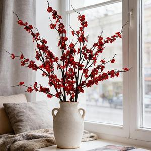 LESING 4pcs Cherry Blossom Flowers Artificial, Fake Silk Cherry Blossom Branches Tall Peach Blossom Flower Stems Arrangement for Wedding Home Office Party Decoration (Red-2)