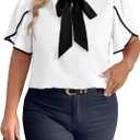 Women's Plus Size Work Office Blouse Bow Tie Neck Petal Sleeve Business Casual Blouse Shirts Top (3X-Large Plus, White)