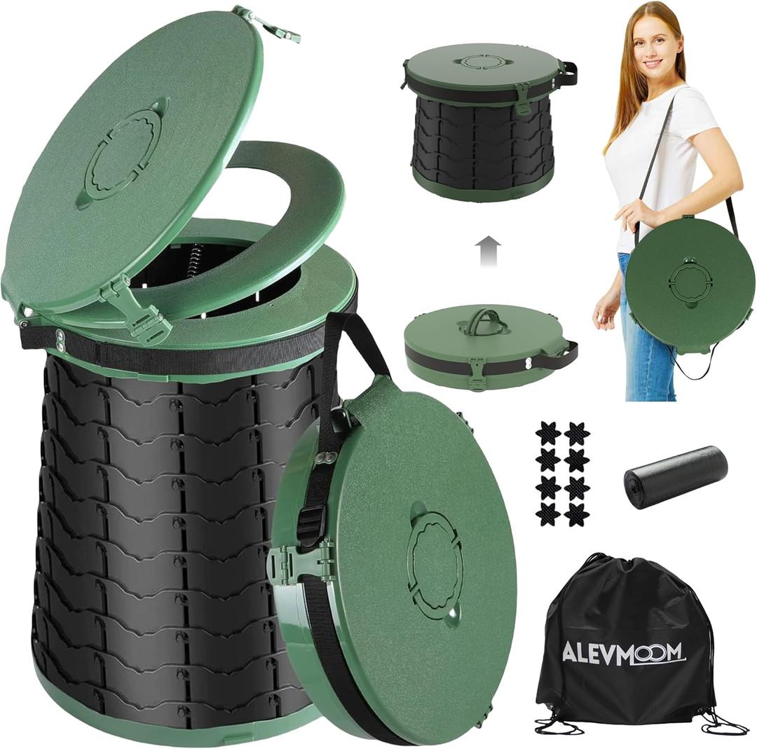 ALEVMOOM XXL Portable Toilet - 19.7" H Taller Wider Collapsible Foldable Camping Toilet with Lid, Strap, Bag - Adjustable for Camping, Hiking, Travel and Car (Green)