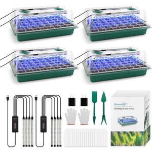 BlumWay Seed Starter Tray with Grow Light,4 Pack 160 Cells Seedling Tray with Humidity Dome/Indoor Grow Kit for Deep-Rooted Seedlings, Adjustable/Timed Light Plant Starter Set