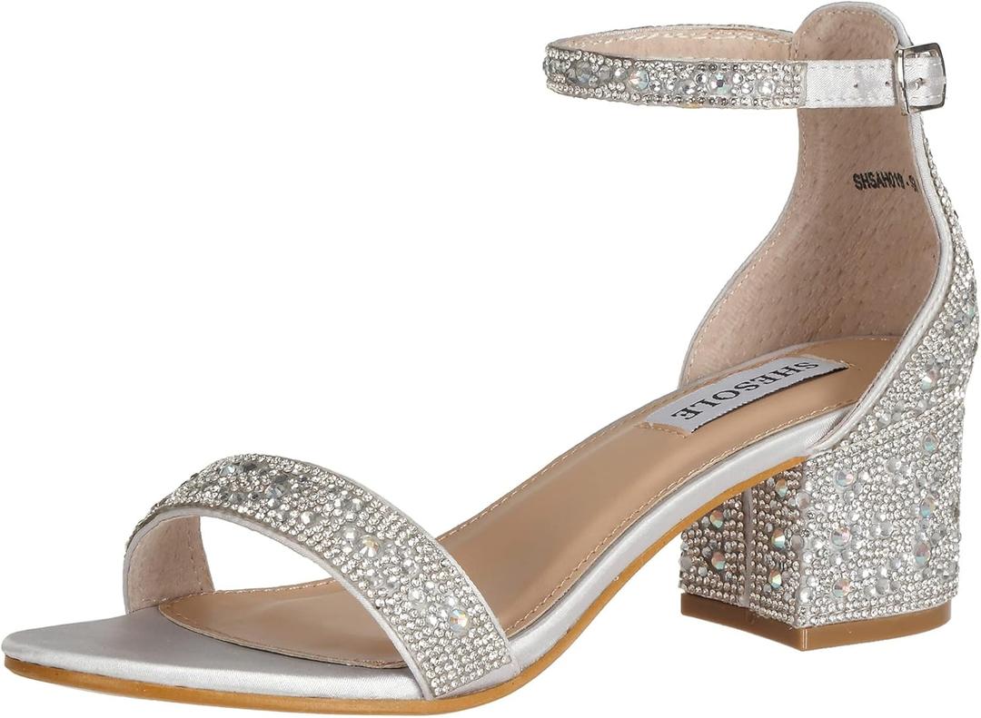 SheSole Women's Open Toe Strappy Low Block Heel Bling Rhinestone Sandals for Wedding Bride Dress Shoes (10)