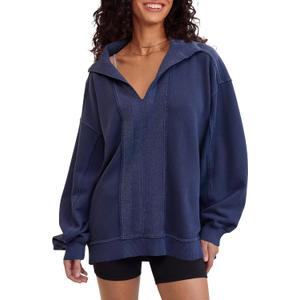 Locachy Women's Casual Oversized Sweatshirt V Neck Long Sleeve Pullover Tops Fashion Outfits Clothes Navy L