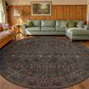 Dark Brown Large 10ft Round Rug for Living Room, Washable Boho Area Rugs for Bedroom, Dining Room Under Table Non Slip, Oriental Circle Floral Carpet Indoor Décor, Low Pile Stain Resistant