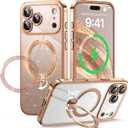 360 Spin CD Stand for iPhone 17 Pro Case Compatible with Magsafe Ring [Never Yellow][DIY Glitter Cardstock] Camera Protection Plating Clear Cute Phone Case for Women Girls 6.3'', Desert Titanium