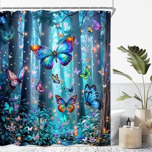 Riyidecor Fantasy Butterfly Shower Curtain 60Wx72H Inch Blue Enchanted Trees Fairy Tale Pretty Floral Foggy Wonderland Magic Nature Bathroom Decor Fabric Polyester Waterproof 12 Pack Hooks