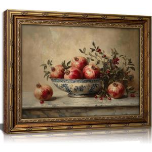 Vintage Gold Framed Pomegranate Still Life Wall Art, Moody Retro Fruit Oil Painting Canvas Print, Antique Bowl and Autumn Botanical Kitchen Wall Decor, Rustic Farmhouse Poster Artwork for Dining Room