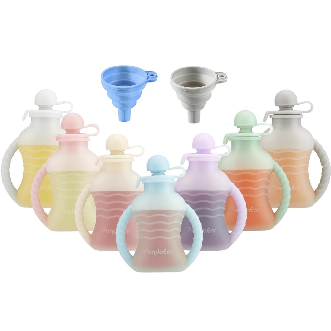 PandaEar 7-Pack Reusable Silicone Baby Food Pouches with Handles, 4oz Refillable Squeeze Pouches for Toddlers & Infants, BPA-Free Self-Feeding Yogurt & Smoothie Bags, Includes 2 Funnels
