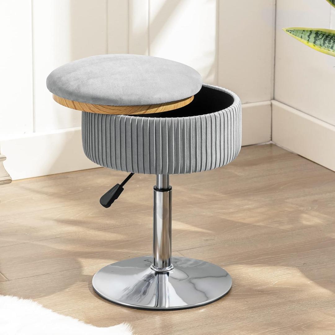 LUE BONA 360Swivel Vanity Stool Chair for Makeup Room, Height Adjustable Stool for Vanity with Storage, Small Grey Velvet for Bathroom, Living Room