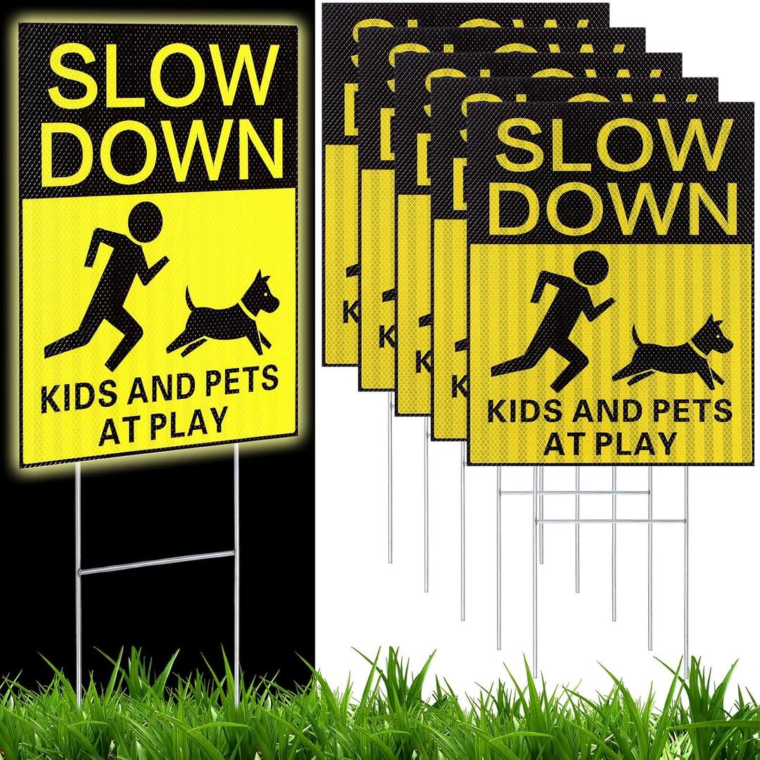Fumete 6 Pack Reflective Slow Down Signs Kids and Pets at Play Safety Yard Signs with Stakes Double Sided 15 x 12'' High Visibility Caution Sign Children Playing for Neighborhood Driveway Yard(Yellow)