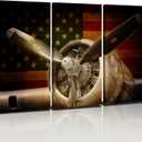 Airplane Wall Art Aviation Decor Vintage Airplane Propeller Pictures Retro American Flag Photo Prints Aircraft Military Fighter Canvas Poster Artwork for Men Bedroom Office Home Decoration 16x32" 3Pcs