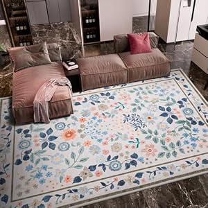 YIHOUSE 8x10 Pink Area Rug, Washable Bedroom Rug Floral Non Slip Soft, Large Colorful Flower Carpet for Nursery Dorm Kids Room Playroom Girls Room Pink,8'x10'