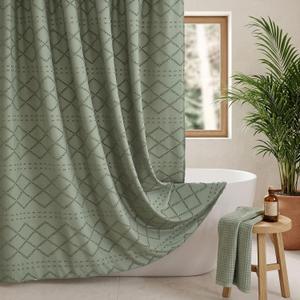 Siiluminisoy Extra Long Sage Green Boho Shower Curtain Woven Fabric Cute Shower Curtain, 72 x 78 Tufted Chevron Textured Striped Modern Farmhouse Minimalist Cloth Shower Curtains for Bathroom