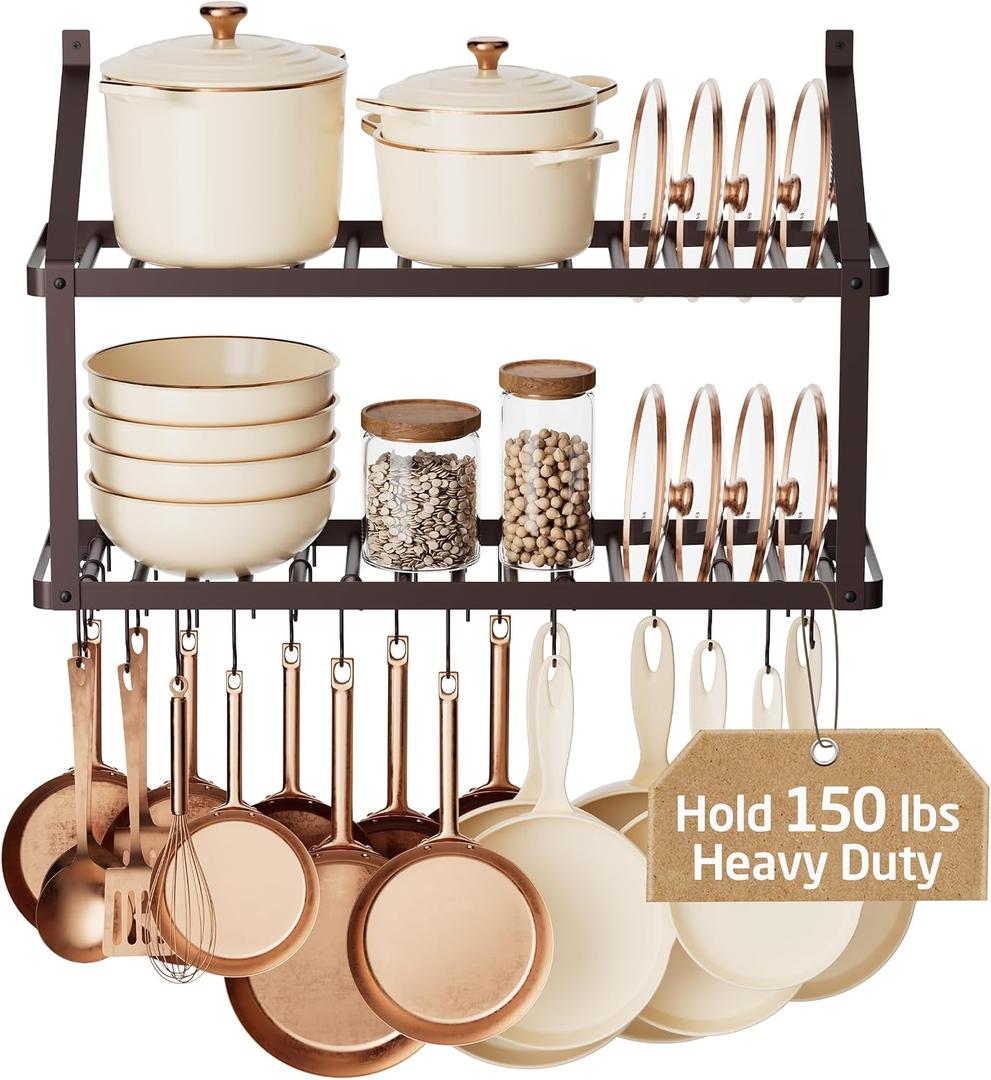 KES 150 lb High-Capacity Oil Rubbed Bronze Pot Rack Wall Mounted with Pot Lid Holder, 34 Inch Heavy-Duty Pots and Pans Hanging Rack with 20 Hooks, Drilling Template Provided for Easy Install