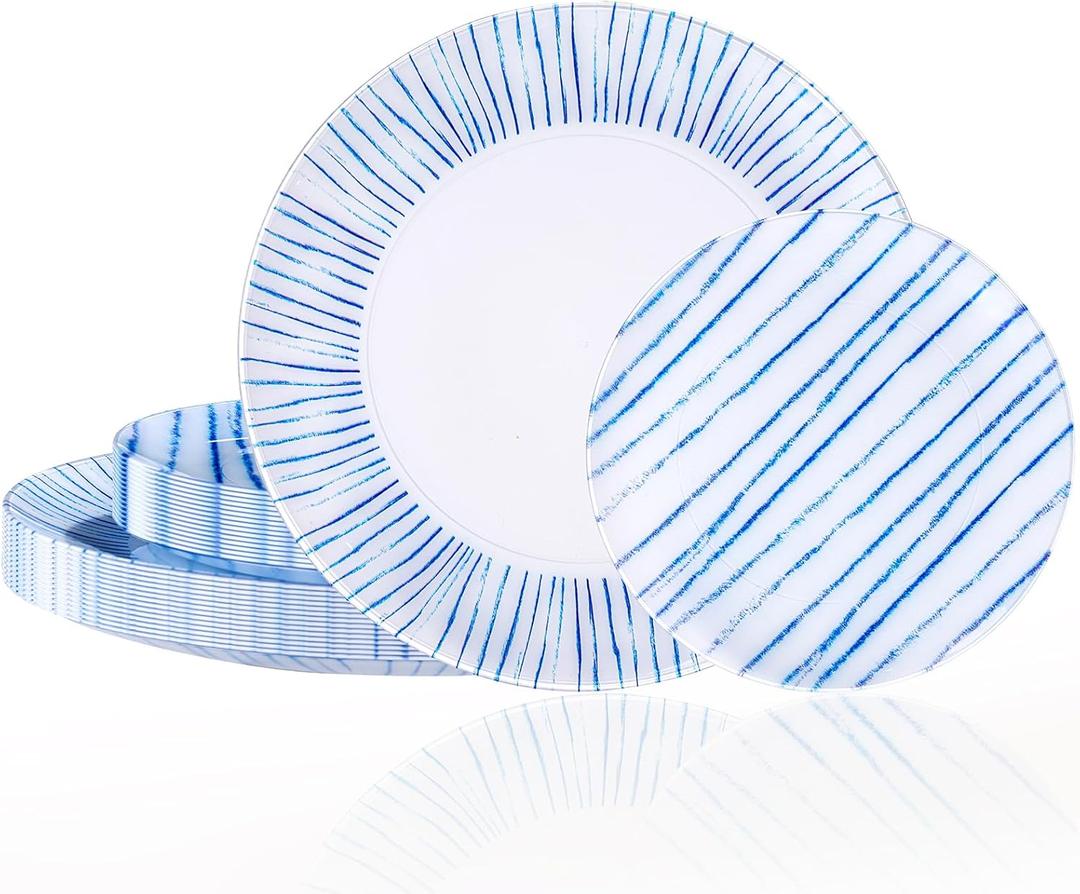 U-QE 20Pcs Blue Plastic Plates - Blue Stripes Plates Disposable Heavy Duty, Fancy Stripes Pattern Perfect for Weddings, Tea Parties, Holidays - 10.25" Dinner & 7.5" Dessert Plastic Plate