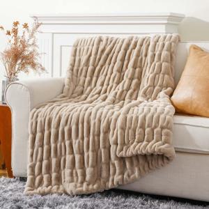 BATTILO HOME Luxury Faux Fur Throw Blanket for Couch, Cozy Plush Soft Blanket for Women, Double Side Ruched Rabbit Fur Blanket for Living Room, 50x60 Inches