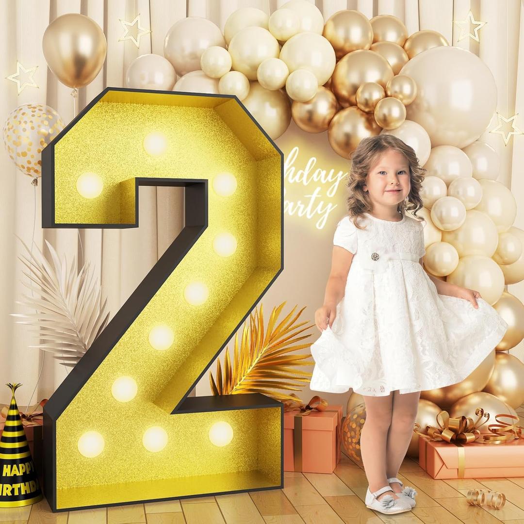 4FT Marquee 2 Numbers, Light Up 2 Glitter Gold Giant Marquee Mosaic Frame Light Up Numbers for 2nd 22 23 26 28 Birthday Party Decorations Mosaic Number 2,DIY Frame Pre-Cut Foam Board Kit