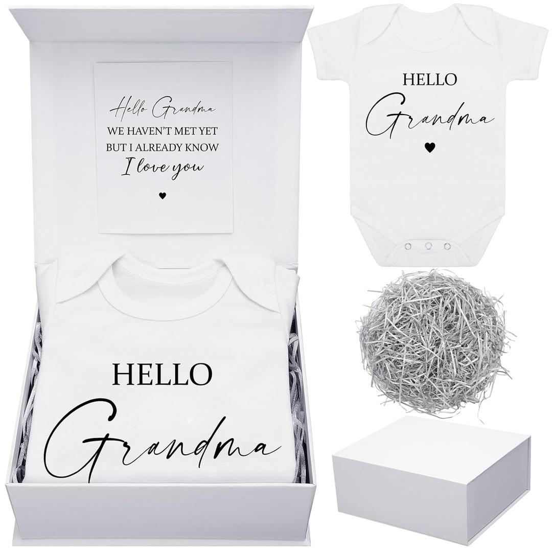 Shyyween 4 Pcs Pregnancy Announcement for Grandma, Hello Grandma Baby Bodysuit, Hello Grandma Pregnancy Reveal Card Baby Reveal Gift Box Baby Announcement Gifts Set for Grandma