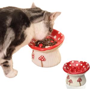 Ceramic Cat Slow Feeder, Cute Mushroom Shape Elevated Food Bowl, Shallow Raised Cat Dish, Anti Vomiting Whisker Fatigue Bowls