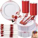 Nervure 350PCS Red Plastic Plates - White Red Plastic Dinnerware Set for 50 Guests - 100 Red Disposable Plates, 50 Pre Rolled Cutlery Set, 50 Cups Perfect for Wedding, Party & Christmas