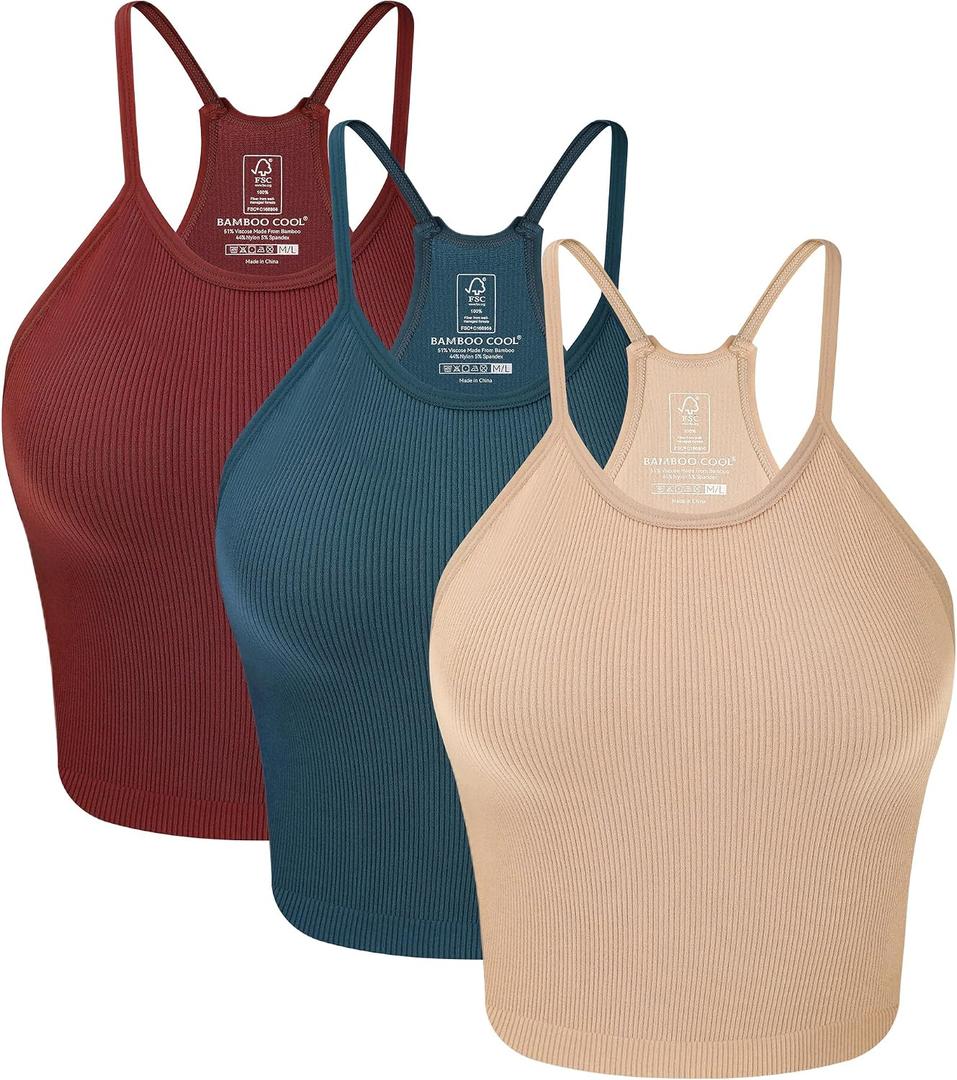 BAMBOO COOL Women's Seamless Tank Top Moisture-Wicking Workout Ribbed Camisoles U-Neck Camis 3-Pack (XS)