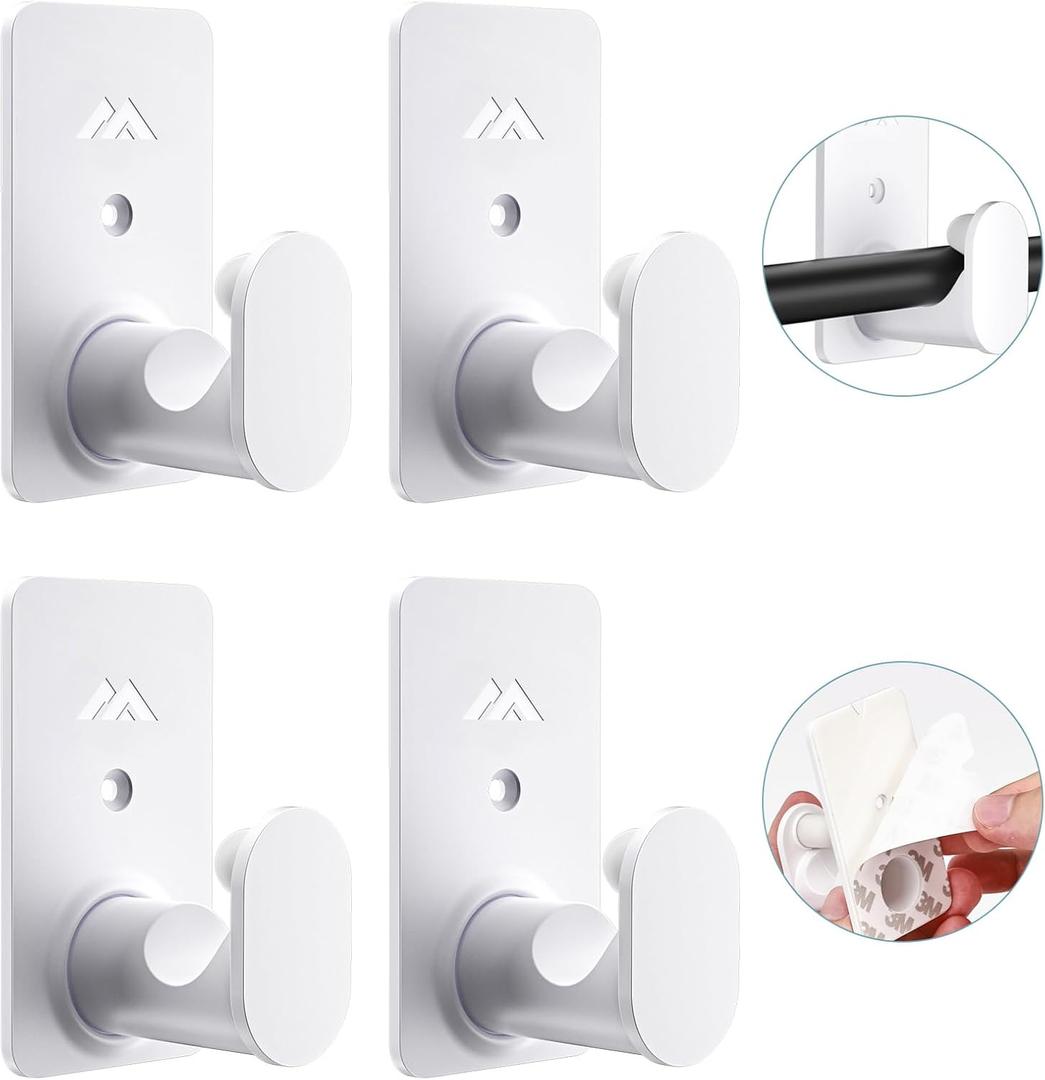 No Drill Curtain Rod Brackets Upgrade 3M Adhesive No Drilling Curtain Rod Holders Renter Friendly Curtain Rod Hooks Nail Free Suitable for Poles 5/8 Inch (4Pcs White)
