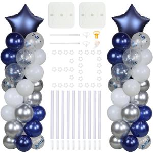 2 Set 5 Feet Balloon Column Kit With Balloons, 80 Pcs Navy Blue Silver Balloons, Navy Blue Start Balloons, for Boy Birthday, Wedding, Baby Shower, Bridal Shower, Graduation Party