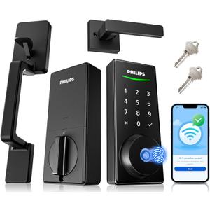 Philips WiFi Smart Lock with Front Door Handle Set, Built-in WiFi, APP Remote & Voice Control, Fingerprint Keyless Entry Door Lock, Keypad Deadbolt Smart Locks for Front Door, Auto-Lock, Matte Black