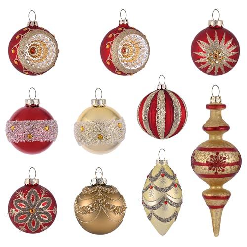 Valery Madelyn Glass Christmas Ornaments Set, 9ct Medium Red Gold Mercury Blown Glass Christmas Tree Ball Decorations, Luxury Hanging Teardrop Finial Faceted Reflector Decor