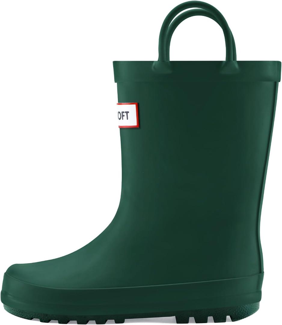 mysoft Kids Rain Boots for Girls Boys Toddler Waterproof Rubber Cute Printed with Easy-On Handles (3 Big Kid, Pure Green)