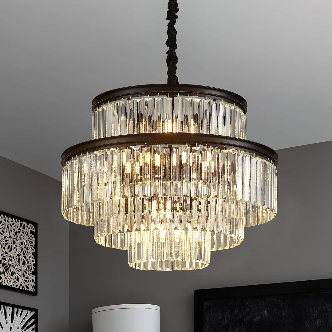 21.6" 14-Light Modern Crystal Chandelier Light Fixtures 4-Tier Black Luxury Chandeliers for Dining Room Round Hanging Pendant Lighting for Living Room Kitchen Entryway Bedroom Foyer Hallway, Diameter 21.6"