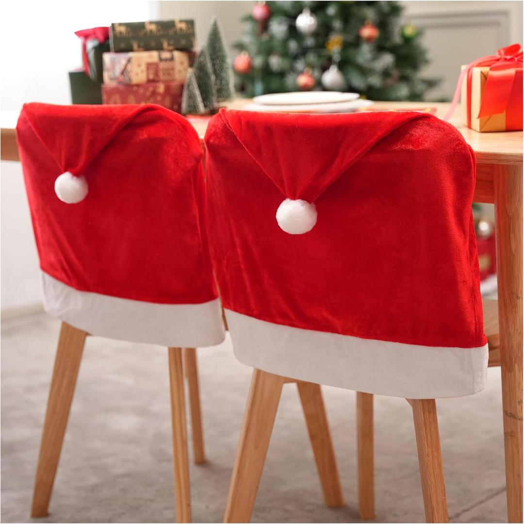 JOYIN 2 Pcs Christmas Chair Covers, Red Hat Chair Slipcovers, Santa Claus Kitchen Chair Back Covers for Holiday Festival Decoration, Christmas Decorations Indoor Home Decor
