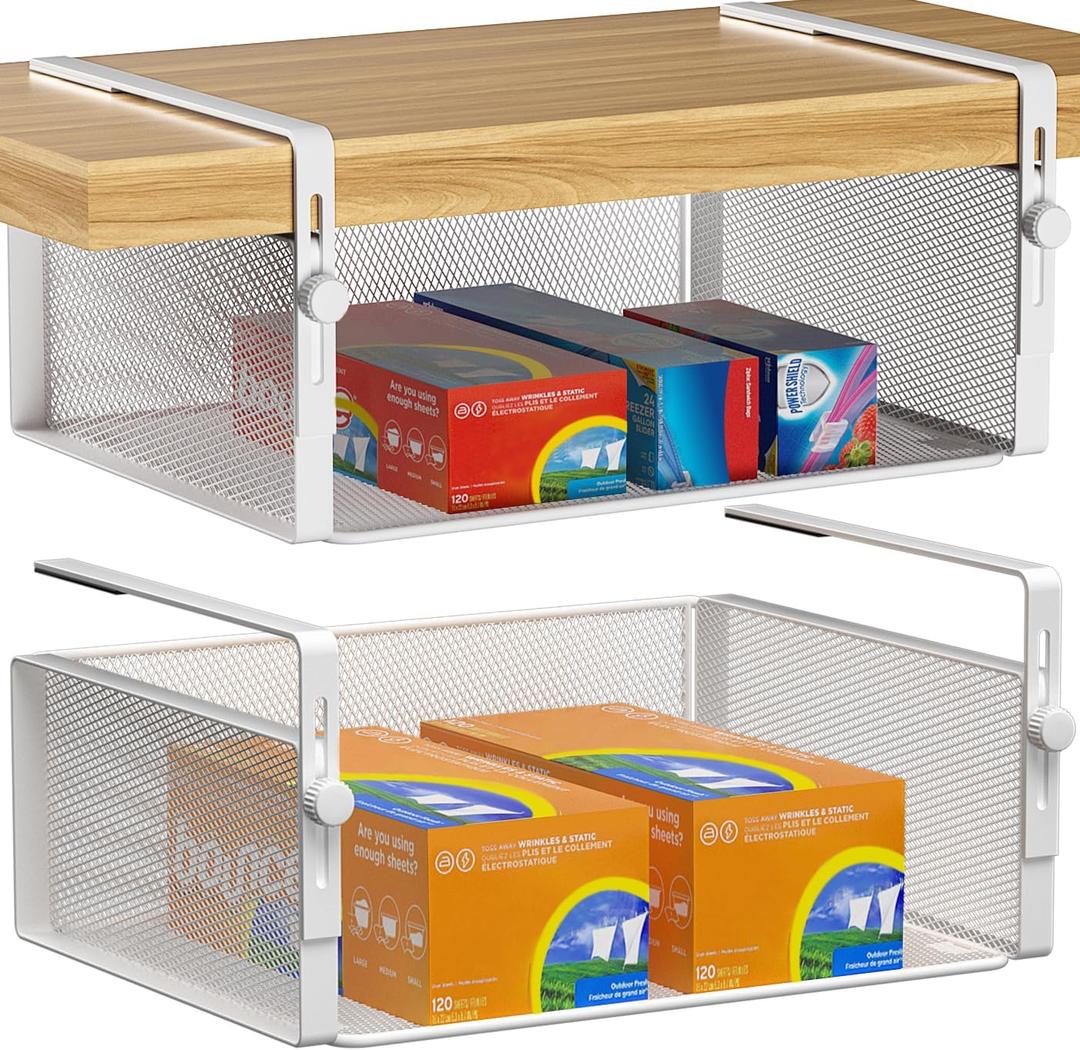 2Pack Under Shelf Basket Organizer,Adjustable Hanging Holder for Cabinet Pantry Kitchen Cupboard Desk Counter Bookshelf Organization Add-on Space Saver Heavy Duty Slide-in (White, Large)