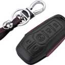 RoyalFox Genuine 5 buttons Leather Key Fob case Cover For Ford Mustang Explorer Taurus F-150,Lincoln MKZ MKC MKX smart key, Car Remote Key Pouch Bag With Key Rings Kit Keychain Holder Metal Hook Black