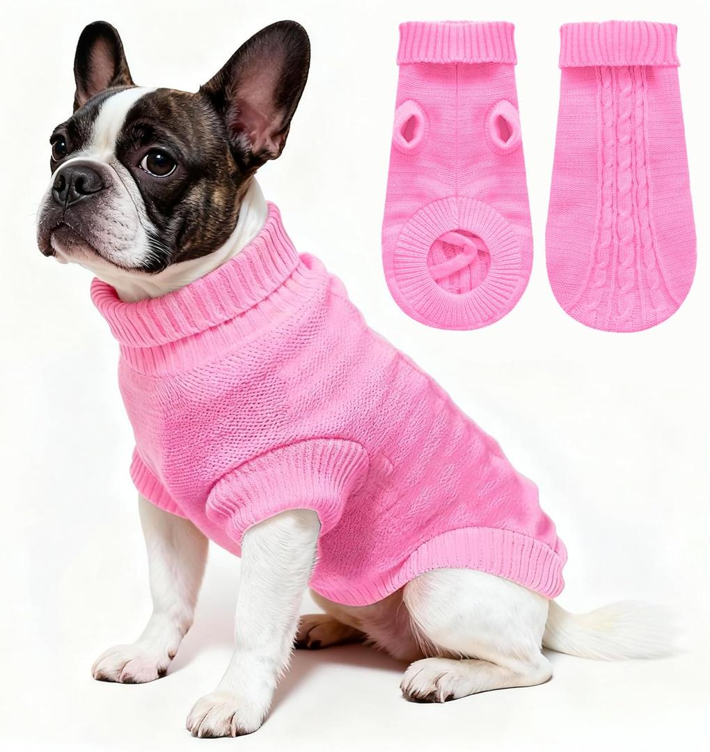 COJBPET Knitted Dog Sweater for Small Dogs, Pullover Turtleneck Pet Sweaters, Winter Dog Clothes, Warm Soft Winter Holiday Cat Sweater, Pink, S