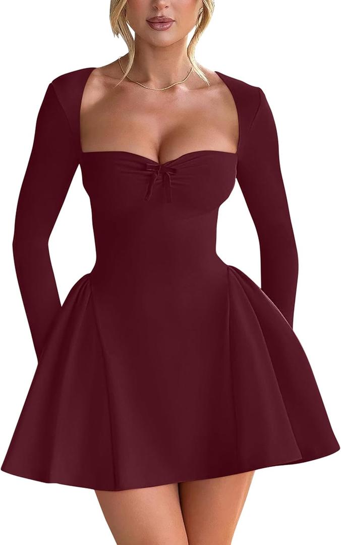 YMDUCH Women's Sexy Long Sleeve Sweetheart Neck A-line Ruffle Hem Party Club Mini Dress (Medium, Winered)
