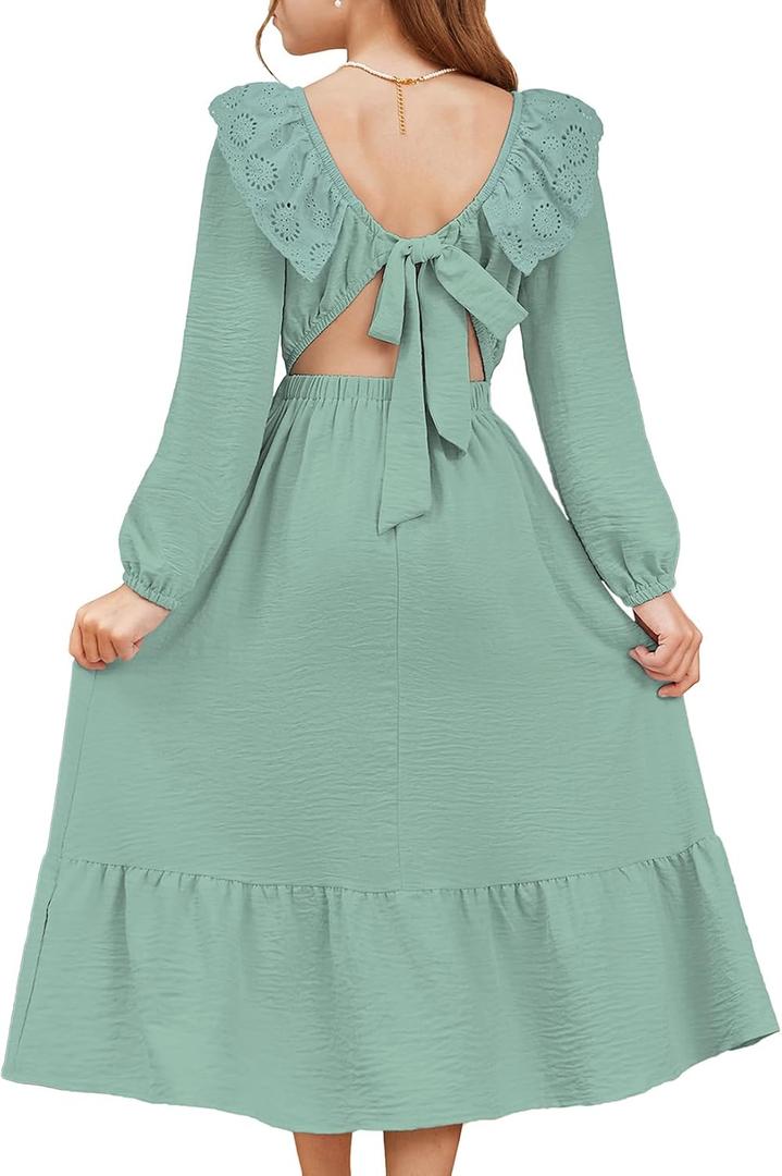 blibean Tween Girls Tie Back Dresses Embroidery Sleeve Size 6-15 Years (Green, XL)