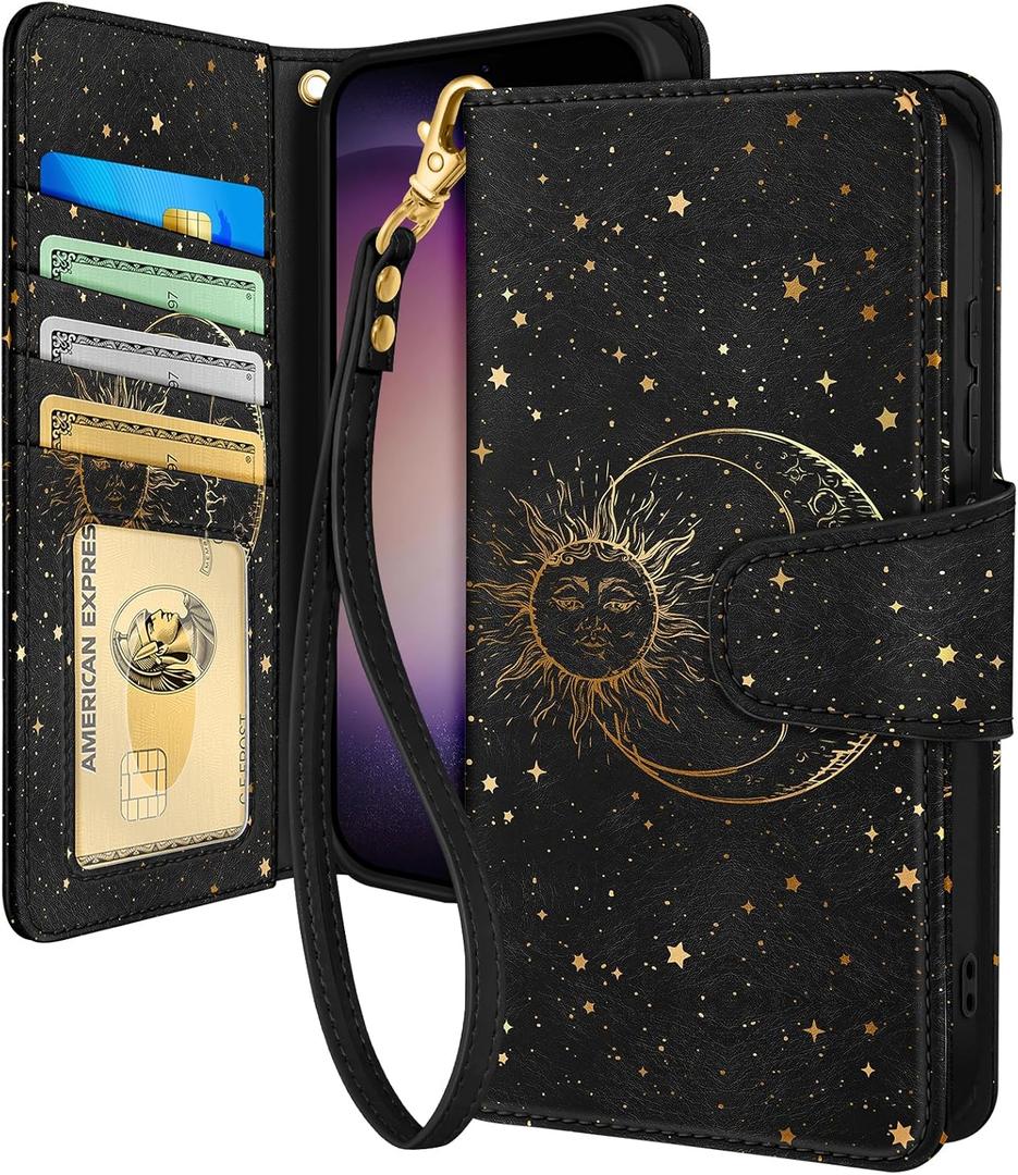 Toycamp for Samsung Galaxy S23 FE Wallet Case with Wrist Strap - Leather Flip Folio Cover with RFID Blocking 4 Card Slots Galaxy S23 FE Cute Aesthetic for Women Lady, Black Sun Moon