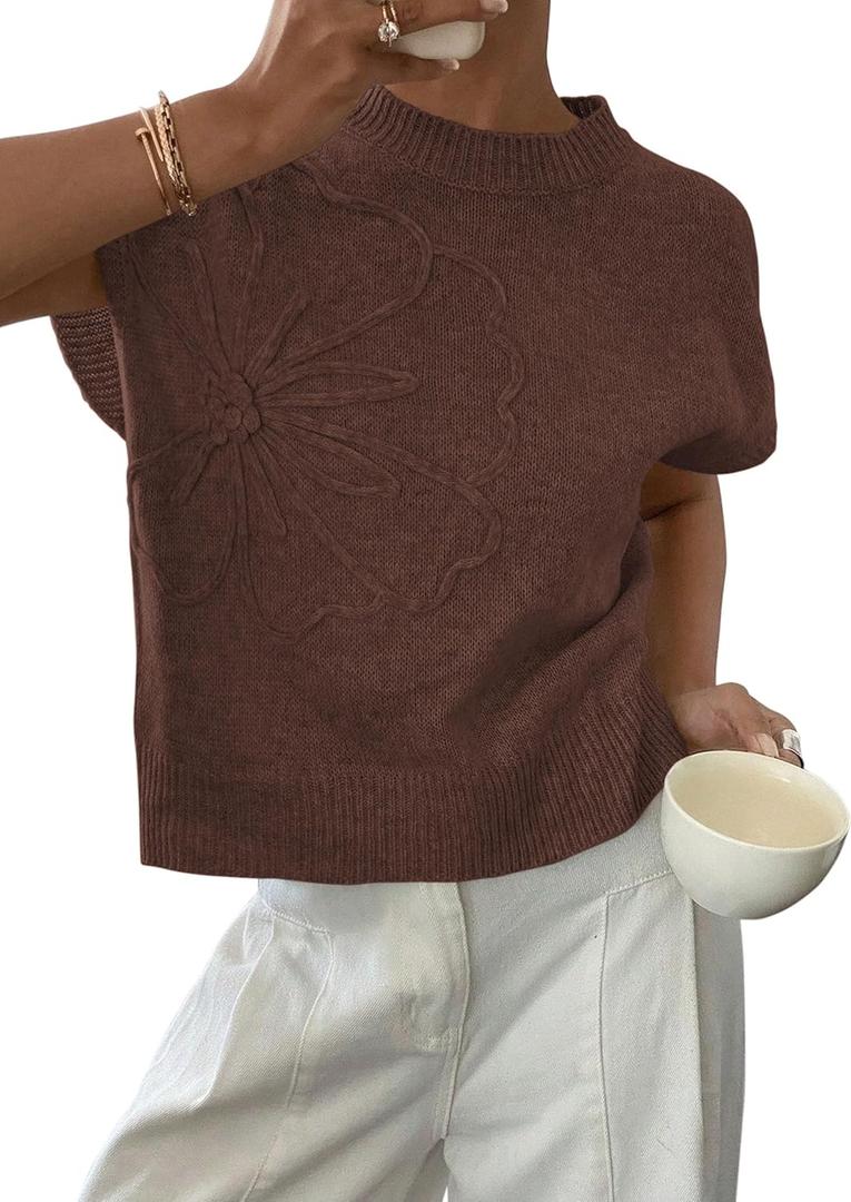 PRETTYGARDEN Women's 2026 Spring Sweater Vest Trendy Flower Knit Short Sleeve Cute Pullover Tank Tops Summer Fashion Clothing (Brown, S)