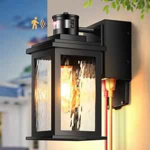 Gleamz Motion Sensor Outdoor Lights with GFCI Outlet, Dusk to Dawn Outdoor Lighting with Tempered Glass, Waterproof Anti-Rust Aluminum Outside Lights for House, Adjustable Sensitivity & Brightness