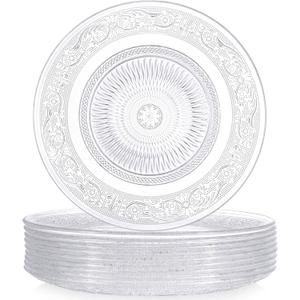 10 Pcs 11.8 Inch Acrylic Crystal Dinner Plates, Clear Round Plastic Serving Platter Trays Vintage Dragon and Phoenix Embossed Dinnerware for Serving Food Salad Pasta Fruit Home Party Wedding