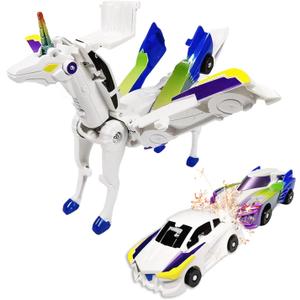 Blue Robot Car Transformer Toy, Transforming Cars 2-Pack to Unicorn, Magnetic Vehicle Toy Gift for Boys Age 3-8