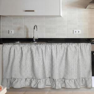 VitalCozy Cabinet Curtain 28" W x 51" L Grey Ruffles Sink Skirt for Bathroom Kitchen Grey Strips Short Curtain for Home Classroom Drape Under Desk Privacy Drape for Laundry Room