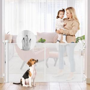 Reinforced 50" Wide Retractable Baby Gates for Doorways, Retractable Dog Gate for Stairs with Support Rods Prevent Crawling Under, Outdoor Indoor Mesh Baby Gate Retractable Gates for Dogs, White