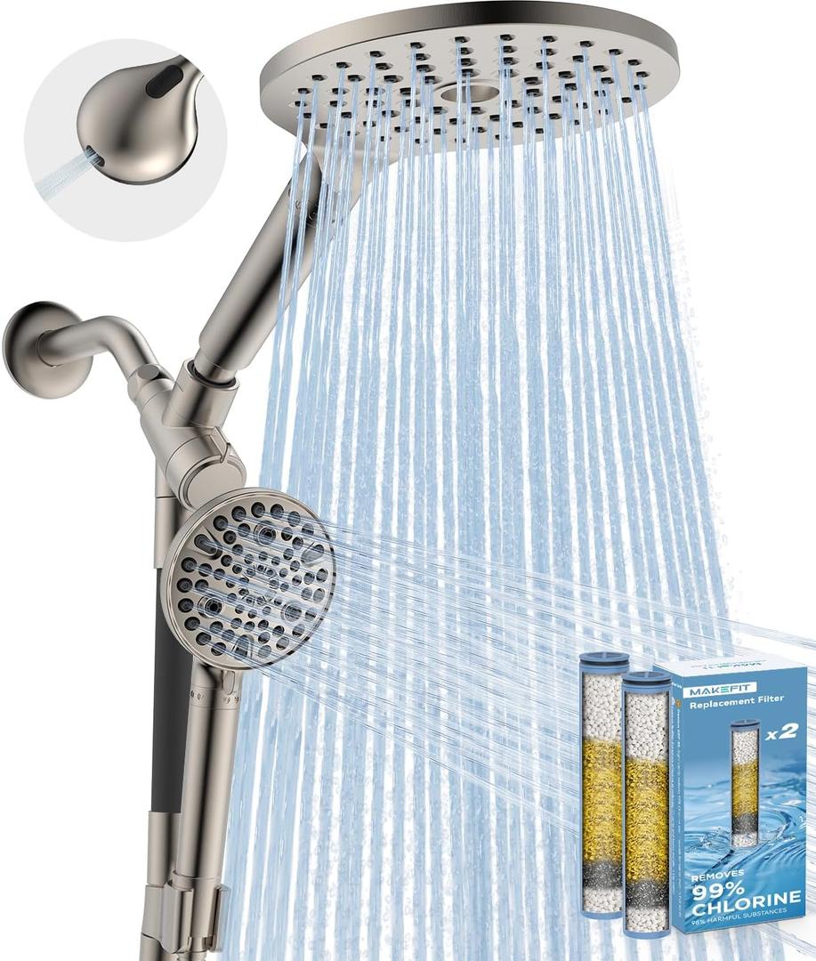 MakeFit Dual Filtered Rain Shower Head Combo, High Pressure Handheld Shower Head with Adjustable Bar - Rainfall Shower Head And Showerhead with Filter for Hard Water - Removes Chlorine(Brushed Nickel) (8 Inch Filtered)