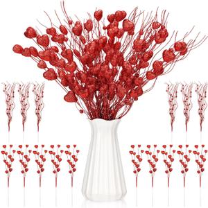 16 Pcs 17 Inch Valentine's Day Decorations Valentines Glitter Heart Picks Red Heart Foam Stems Valentines Tree Ornaments for Tree Topper Wedding Anniversary Vase Decor