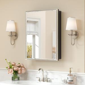 Keonjinn 20" x 26" Medicine Cabinets with Mirror for Bathroom, Brushed Nickel Recessed or Surface Wall-Mounted Aluminum Alloy Framed Beveled Mirror, Farmhouse Bathroom Mirror with Storage Cabinet
