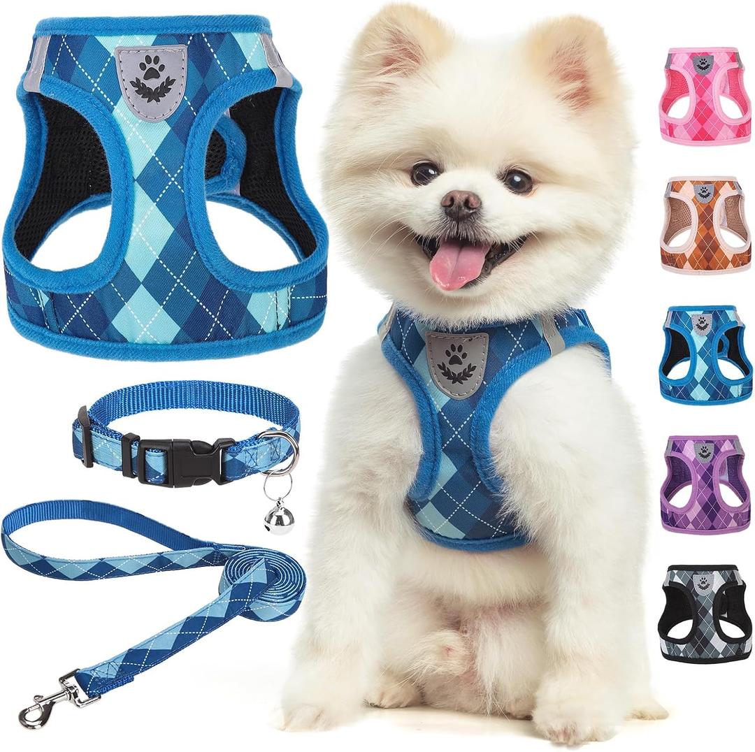 SCENEREAL Small Dog Harness and Leash Collar Set, Step in No Pull Soft Mesh Dog Harnesses for Small Medium Sized Dogs Puppy and Cats Outdoor Walking, No Chock Reflective Vest Harness, Blue Plaid, XS