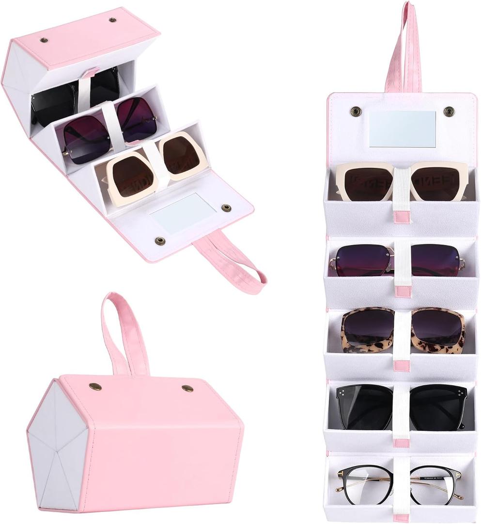 Muf Travel Sunglass Organizer, 4/5-Slot Leather Case for Multiple Sunglasses, Storage for Oversized Glasses for Men & Women (Light Pink With 5 Slots)