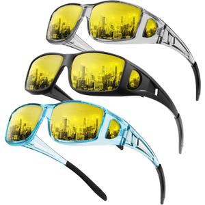 Anti-Glare Night-Driving Glasses Fit-Over-Glasses: Night Vision Glasses for Men Wrap-Around Glasses for Women (Transparent Grey + Matte Black + Transparent Blue)